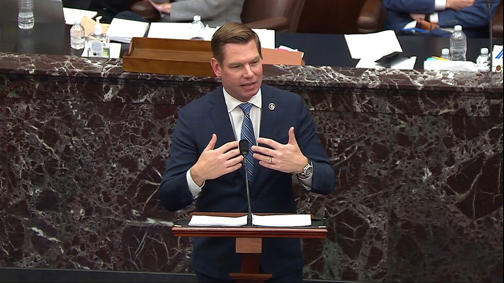 In this image from video, House impeachment manager Rep. Eric Swalwell, D-Calif., speaks...