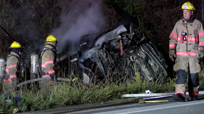 911 officials say a vehicle hit a utility pole on South Bypass Road then caught on fire.