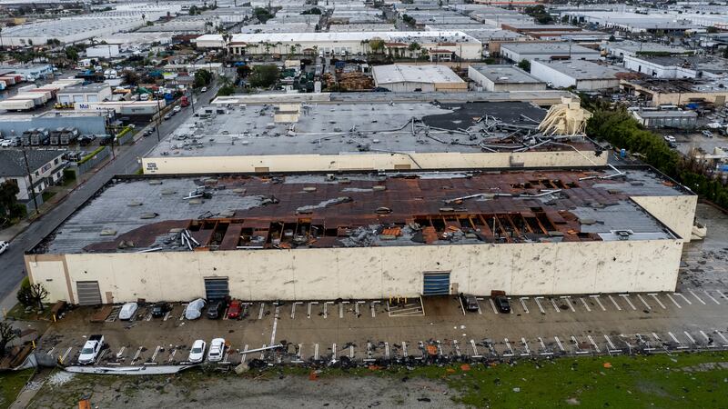 Damage to a building is seen on Wednesday, March 22, 2023, in Montebello, Calif., after a...