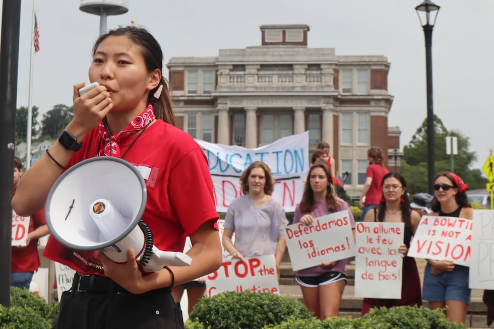 FILE - West Virginia University senior Mailyn Sadler leads a protest in the university's free...