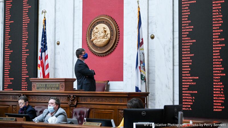 House Speaker Roger Hanshaw looks at the chamber's voting board as members unanimously reject...